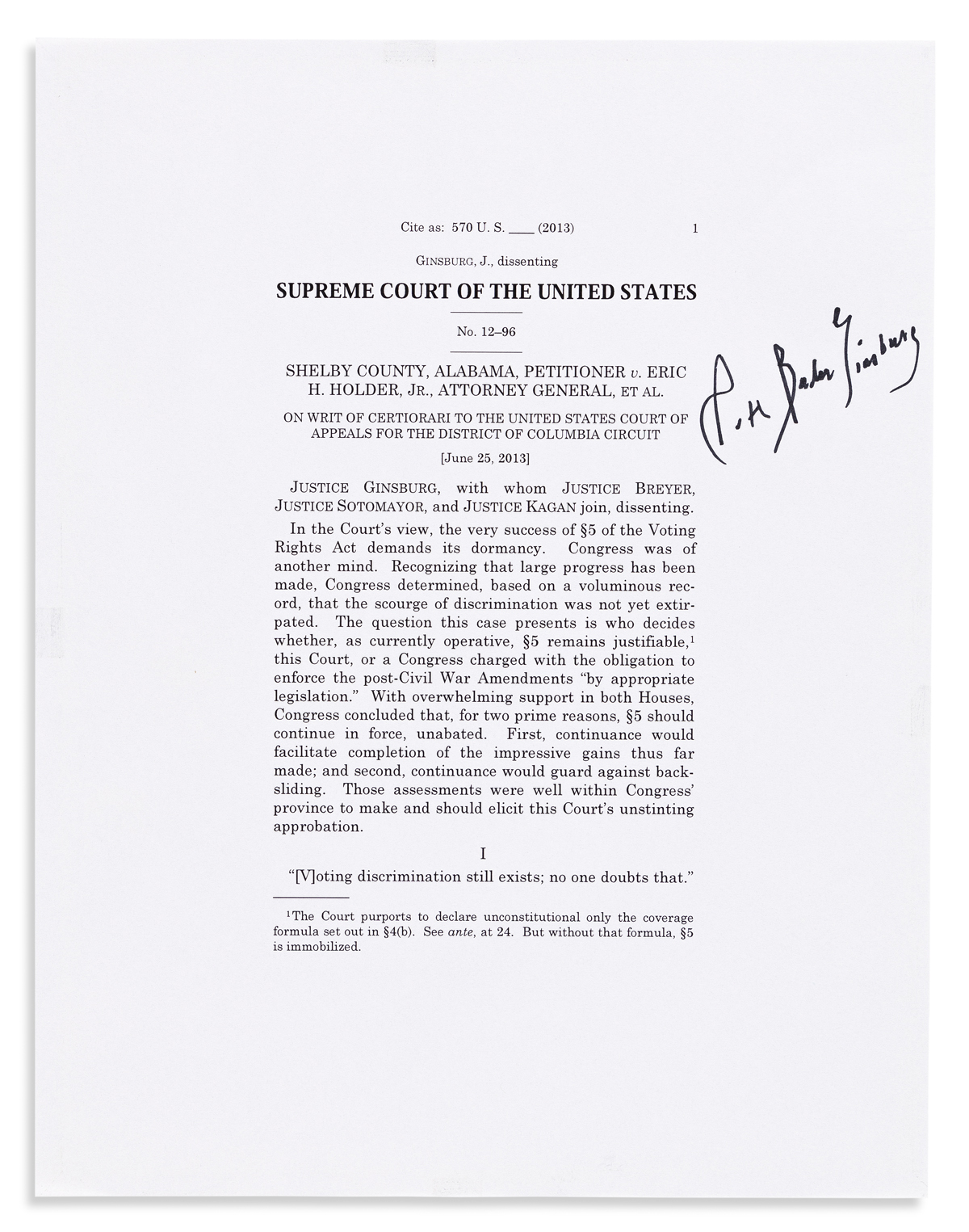 Ginsburg, Ruth Bader (1933-2020) Signed Dissenting Opinion Cover Sheet, Shelby County v. Eric H. Holder.